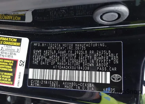 2025 Toyota Camry Se from USA, damaged, VIN 4T1DAACKXSU184338